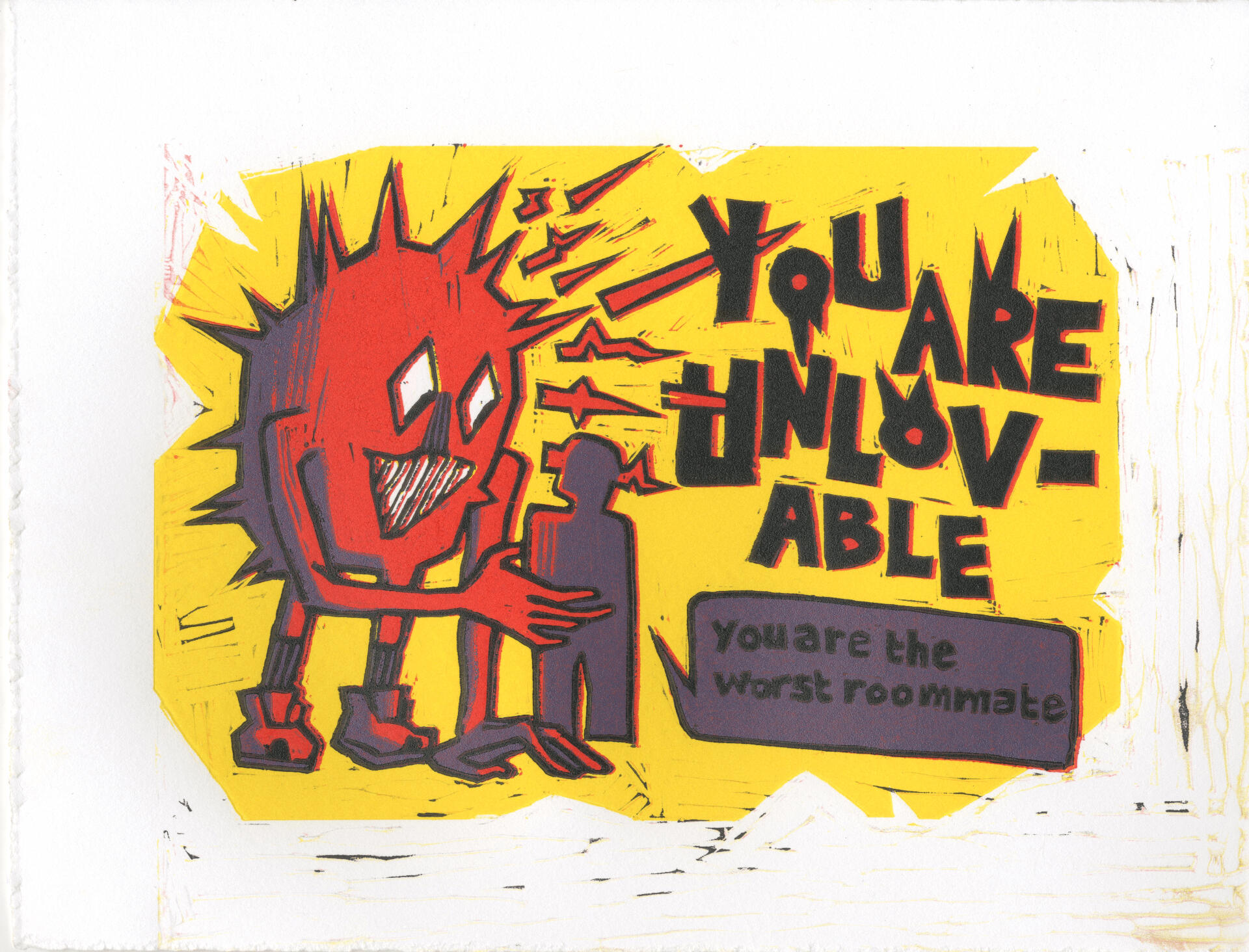 You are the Worst Roommate, four color reduction linocut, 2021